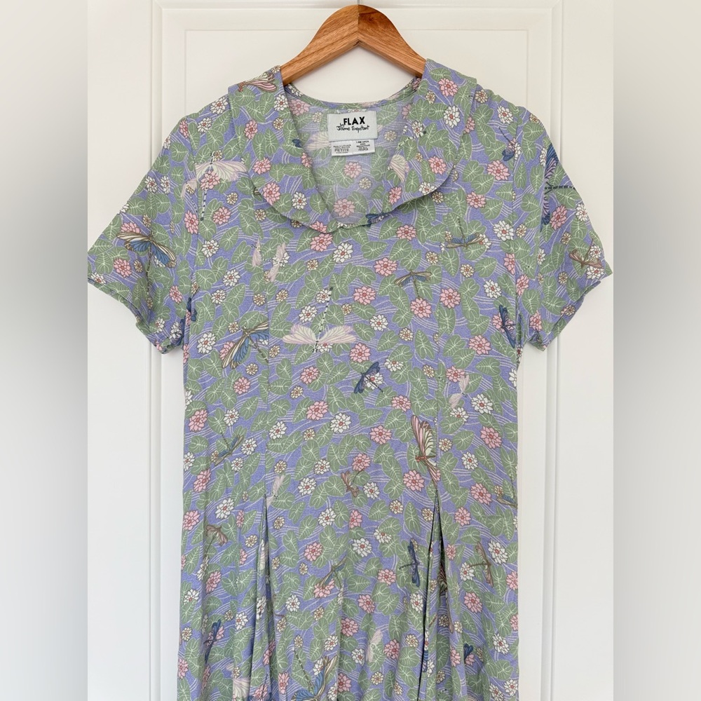 Vintage FLAX Cottagecore Lavender Floral Midi Dress Collared Prairiecore Large - Picture 3 of 9